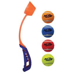 Nerf Dog 5-Piece Dog Toy Gift Set, Includes 13in Air Strike Launcher and 2in Squeak Tennis Ball 4-Pack, Nerf Tough Material, Multicolored