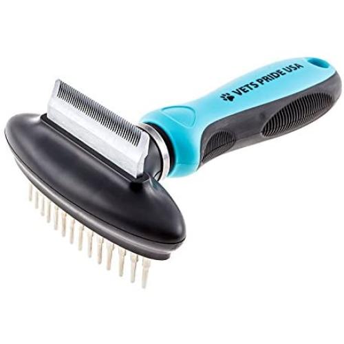 Vets Pride USA 2-in-1 Deshedding Comb & Undercoat Rake - Flexible Neck Bends Up to 30° - Grooming Tool with Deshedder Brush & Rake for Dematting - Detangler That Removes Both Matted & Shedding Hair