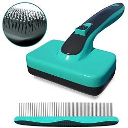 Self-Cleaning Slicker Brush + FREE 7'' Stainless Steel Comb, Pain-free Bristle Cat Dog Grooming Brush Removes Tangled Hair，Dirt，Dander and Reduces Shedding and Tangling for All Hair Types Pet