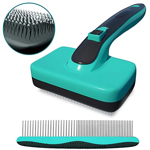 Self-Cleaning Slicker Brush + FREE 7'' Stainless Steel Comb, Pain-free Bristle Cat Dog Grooming Brush Removes Tangled Hair，Dirt，Dander and Reduces Shedding and Tangling for All Hair Types Pet