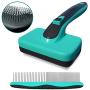Self-Cleaning Slicker Brush + FREE 7'' Stainless Steel Comb, Pain-free Bristle Cat Dog Grooming Brush Removes Tangled Hair，Dirt，Dander and Reduces Shedding and Tangling for All Hair Types Pet