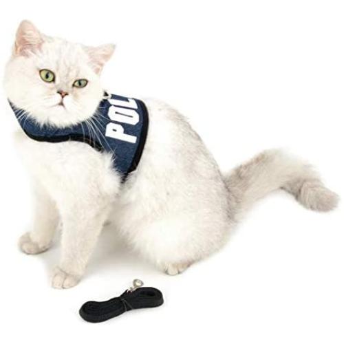 SMALLLEE_LUCKY_STORE Police Print Soft Mesh Denim Cat Harness and Leash Set for Walking Escape Proof Adjustable No Pull Choke Boy Small Puppies Kitten Rabbit Dog Harness Vest, Dark Blue