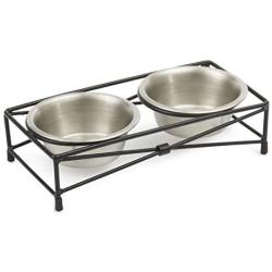 PetRageous 11423SS Farm Fence Metal Non Slip Dog Diner, Metallic, 1-Cup Capacity, Two Dishwasher Safe Stainless Steel Bowls, 3.70-Inch Tall Feeder, for Small and Medium Dogs and Cats, Black