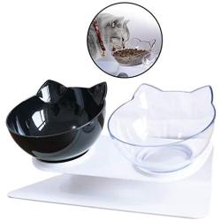 Dorakitten Elevated Cat Bowls Double Cat Food and Water Bowls,15° Tilted Transparent Raised Pet Feeding Bowls for Cats and Small Dogs (White+Black)