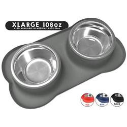 Large Dog Bowls & Mat Set - 2 Large Capacity, Removable Stainless Steel Bowl Set in a Stylish No Mess, No Spill, Non Skid, Silicone Mat. Food & Water Bowls for Medium to Large Dogs - 54oz / 108oz