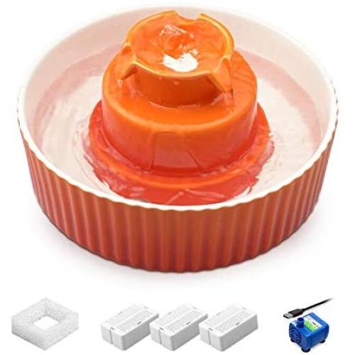 VinDox Ceramic Cat Fountain, 2.1L Pet Drinking Fountain for Cat and Dog, Cat Fountain Porcelain, Cat Water Dispenser with 3 Activated Carbon Filter and Sponge Foam Pre-Filter(Orange)