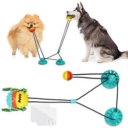 JDW Dog Toy 2 Suction Cups of Tug of War for Aggressive Chewer with 2 Squeaky Bouncing and Food Dispensing Balls (Blue and Yellow)