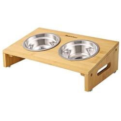 FEANDREA Raised Bowls, Bamboo Elevated Bowl Stand, 15° Tilt, Anti-Slip Design, with 2 Removable Stainless Steel Bowls, 3.9 Inches, for Small Dog, Cat, Natural UPRB001N01