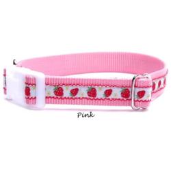 Strawberry dog collar : Strawberry with scallop edge cotton ribbon on durable and flexible nylon pet collar. Color choice from the top, (Pink, Red or Black) for small dog collar to large dog collar. Matching dog leash and step in dog harness are available