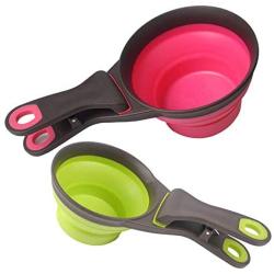 UCSAJI Collapsible Pet Scoop Silicone Measuring Cups Set Sealing Clip 3 in 1 Multi-Function Scoop Bowls Bag Clip Dog Snack Measuring Cup for Dog Cat Food Water Set of 2 (1 Cup & 1/2 Cup Capacity)