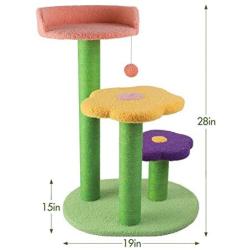 ANMINY 3-Tier 28 Inches Cat Activity Tree with Scratching Posts Pompom Ball Toy Bright Flower Pattern