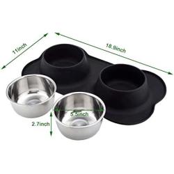 Petek Double Dog Cat Feeder Bowls Stainless Steel Food and Water Bowls with No Spill Non-Skid Silicone Mat, Double Pet Bowls (27oz Each) Set for Dogs Cats, Black