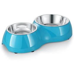 Flexzion Pet Feeder Feeding Drinking Stand Tray Station with Stable Plastic Dual Double Diner Stainless Steel Bowls Removable Dishes Food Water Holder for Dog Cat Puppies (Blue)