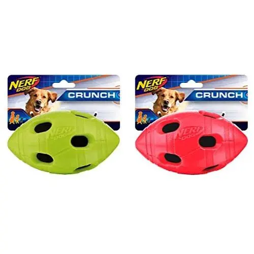 Nerf Dog Rubber Football Dog Toy with Interactive Squeaker and Crunch, Lightweight, Durable and Water Resistant, 6 Inches for Medium/Large Breeds, Two Pack, Red and Green (1399) Nerf Dog Rubber Football Dog Toy with Interactive Squeaker and Crunch, Lightweight, Durable and Water Resistant, 6 Inches for Medium/Large Breeds, Two Pack, Red and Green (1399)