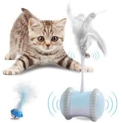 Robotic Interactive Cat Toy, Automatic Cat Toys for Indoor Cats, Electronic Kitty Toy with 2 Feathers, USB Charging 360° Self Rotating LED Ball for All Floors and Carpets Bonus Cat Feather Bell Toy