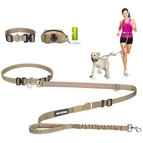 WINSEE 5 in 1 Hands Free Dog Leash Set 4pcs for Walking, Retractable Running Leash/Pet Collar/Poop Bag Holder & Adjustable Waist Belt, Reflective, Dual Padded Handles,for Training, Driving,or Jogging
