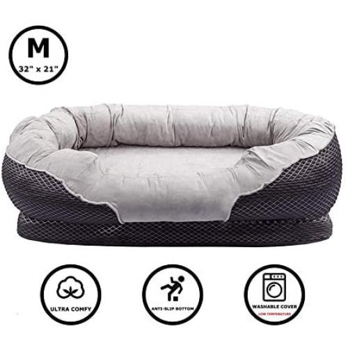 Pet Deluxe Dog and Puppy Bed, Grooved Orthopedic Foam Beds with Removable Washable Cover, Ultra Comfort, Padded Rim Cushion, Nonslip Bottom, for Dogs/Puppies