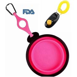 Visky Pet Travel Bowl Dog Water Food Bowl TPE Material Collapsible Portable Bowls With Carabiner and Clicker -Pink