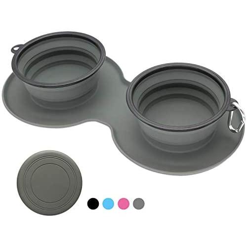 WINSEE Collapsible Dog Bowls Water, Portable Travel Pet Food Feeding Cat Bowl, Foldable Expandable Cup Dish with No Spill Non-Skid Silicone Mat, Free Frisbee& Carabiner for Traveling, Hiking, Camping