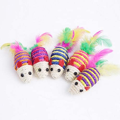 Sarahair Pet Cat Chew Interactive Mouse Cartoon Toy, Cat Kitten Teaser Play Catch Colorful Sisal Mice Toy Pet Cat Kitten Scratch Feather Dolls Toy Pet Cat Kitten Training Toy Gift Supplies 2pc Random