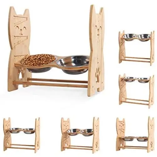Niubya Dog Bowl with Elevated Stand, Bamboo Framed Raised Bowls for Cats and Small Dogs with Adjustable and Anti-Slip Legs, Include 2 Stainless Steel Bowls Niubya Dog Bowl with Elevated Stand, Bamboo Framed Raised Bowls for Cats and Small Dogs with Adjustable and Anti-Slip Legs, Include 2 Stainless Steel Bowls