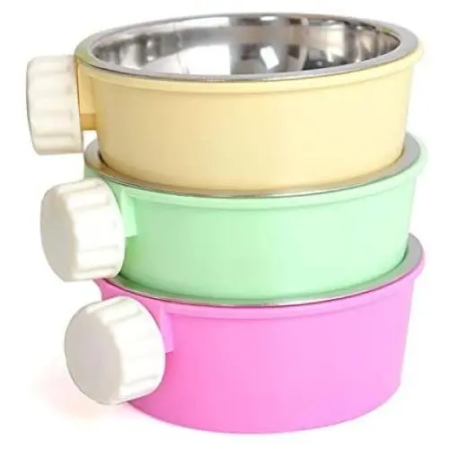 Pet Food Water Bowl, 2-in-1 Plastic Bowl & Stainless Steel Bowl, Mountable Cat Rabbit Bird Hamster Chinchilla Ferret Food Basin Dish