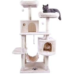 Hey-bro 61.5'' Extra Large Multi-Level Cat Tree Condo Furniture with Sisal-Covered Scratching Posts, 2 Bigger Plush Condos, Perch Hammock for Kittens, Cats and Pets