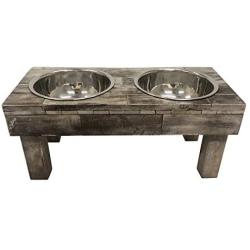 Huntley Pet Berjen Table Elevated Double Bowl Pet Feeder, Brown Wash