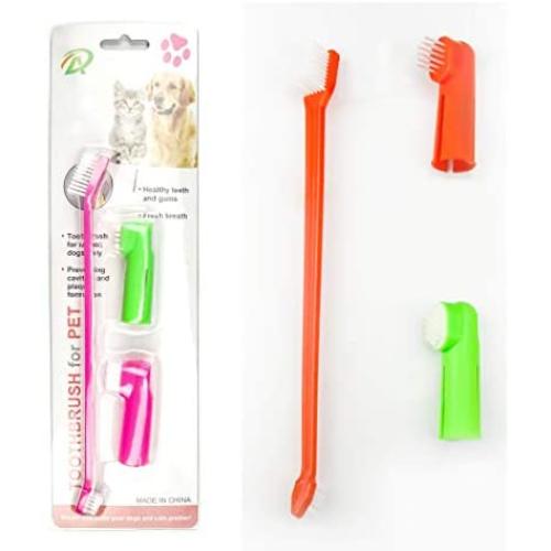 Dog Tooth Brushing Toys with Beef Taste Cat Toothpaste for Dogs, Dog Toothbrush Set -1 Long Brush & 1 Finger Toothbrush for Small Dogs, 3 in 1, Dog Chew Toys