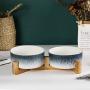 LIONWEI LIONWELI Ceramic Cat Dog Bowl Dish with Wood Stand No Spill Pet Food Water Feeder for Big Cats and Small/Medium Dogs