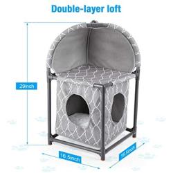 isYoung Cat House, 2 Tier Assemblable Cat Condo, 2-Story Cat Bed Washable Linen Easy Installation and Disassembly with Cat Toy (Grey)