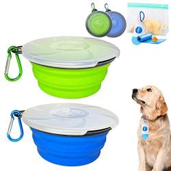 Collapsible Dog Bowl, 2 Pack Foldable Silicone Bowl with Transparent Lid & Reusable Storage Bags Dog Food Container & Dog Poop Bag with Dispenser, Portable Travel Set