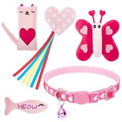 EXPAWLORER Pink Cat Collar & Catnip Toys Set for Indoor Cats - Cute Heart Collar for Girl Cats, 4 Kitten Kicker Toys with Heart, Butterfly, Fish and Cat Shape