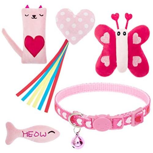 EXPAWLORER Pink Cat Collar & Catnip Toys Set for Indoor Cats - Cute Heart Collar for Girl Cats, 4 Kitten Kicker Toys with Heart, Butterfly, Fish and Cat Shape
