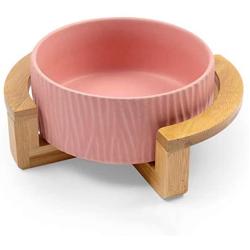 Popuava Ceramic Raised Cat Bowl, 20 Ouncus Cat Food Bowls or Water Bowls Without Lead and Chrome, Pet Bowl with Bamboo Wooden Frame not Easily Overturned, Gifts for Cats and Puppy Pink