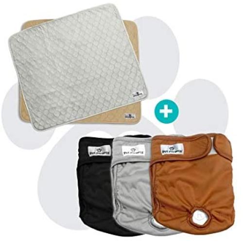 Pet Parents Large Washable Dog Diapers & Pawtect Pads Bundle - Doggie Diapers, Color: Natural, and Black Large Dog Diapers 3 Total Premium Washable Dog Diapers & 2 Total Premium Pee Pads for Dogs