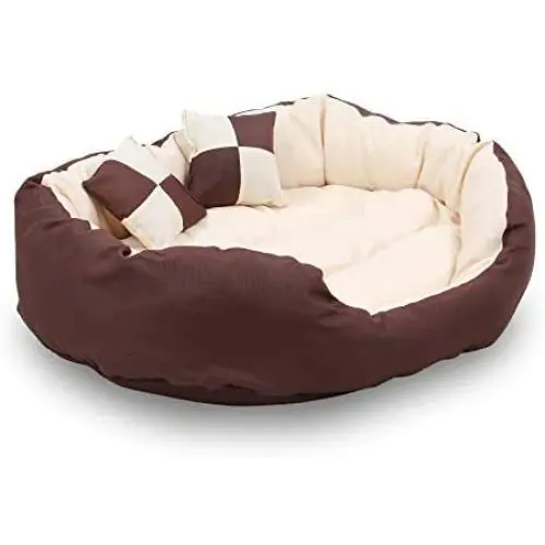 long rich Durable Bolster Sleeper Oval Pet Bed with Removable Reversible Insert Cushion and Additional Two Pillow, Brown to Beige Color, by Happycare Textiles long rich Durable Bolster Sleeper Oval Pet Bed with Removable Reversible Insert Cushion and Additional Two Pillow, Brown to Beige Color, by Happycare Textiles