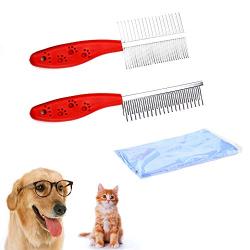 Huture 2 Pack Pet Detangling Comb Stainless Steel Plastic Handle Grooming Dog Cat Deshedding Removes Tangles Knots Tear Stain Poodle Finishing Butter Comb DIY Self Cleaning Slicker+1 towel