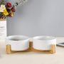 LIONWEI LIONWELI Ceramic Cat Dog Bowl Dish with Wood Stand No Spill Pet Food Water Feeder Cats Medium Dogs