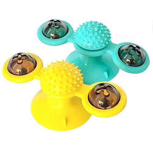 BiaoGan 2 Pack Windmill Cat Toy, Turntable Teasing Pet Toy with Suction Cup Include 1 Green & 1 Yellow, Scratching Tickle Cats Hair Brush Funny Kitten Toys.