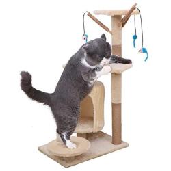 Famgizmo Cat Tree | Sisal Scratching Posts | 90cm Stable Cat Tower with Cat Cave | Cat Kitten Activity Centre | Dangling Toys | Cat Condo | Cat Furniture | Climbing Tower | Beige & Dark Blue