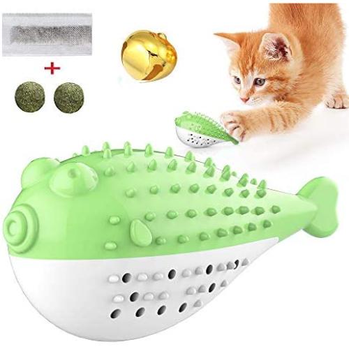 ALAIX Cat Catnip Interactive Chewing Toy, Dental Care Toothbrush for Kitten Kitty Teeth Cleaning, Leaky Food Device, Fish Shape Pet Toy - Oral Care Natural Silicone