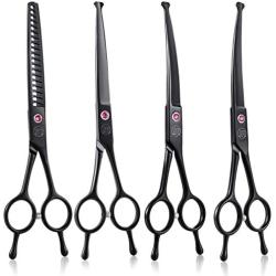 Moontay 7 Inches Dog Grooming Scissors Set, Reversible Thinning, Chunking, Curved, Straight Cat Pet Fur Trimming Blender Chunker Shears for Grooming Full Body, Professional Quality