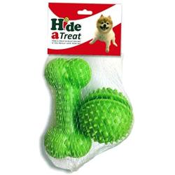 Hide a Treat Ball and Bone Treat Dispenser Toy for Dogs 2pc Ball/Bone Bundle (Green)