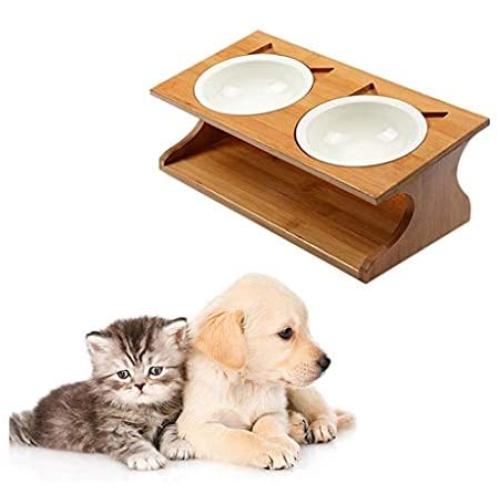 LOVEPET Solid Bamboo Elevated Pet Dining Table Pet Feeder Bowl for Small Dogs and Cats Raised Stand with Two Bowls