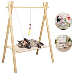 ZUKIBO Cat Hammock with Pet Clothing and Toy Hanger Features Pet Clothes Drying Detachable Kitty Puppy Nest Hammock Tent, Durable Canvas, Wood Stand