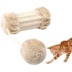 ocijf179 Cat Toy Pet Cat Kitten Sisal Post Pompom Sound Scratcher Interactive Play Scratching Toy - Linen Color