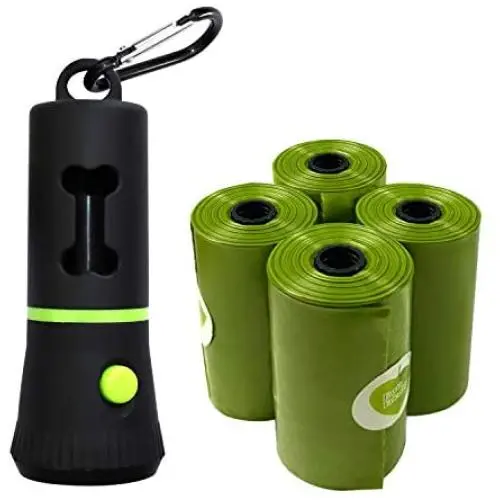 Waste Bags Dispenser with LED Flashlight, Poop Bag Holder for Dog Lead Leash, Diaper Bags Dispenser for Cradle or Car, Never Step on Poop Again at Night, includes 4 Rolls (15 Bags Per Roll, 60 Bags)
