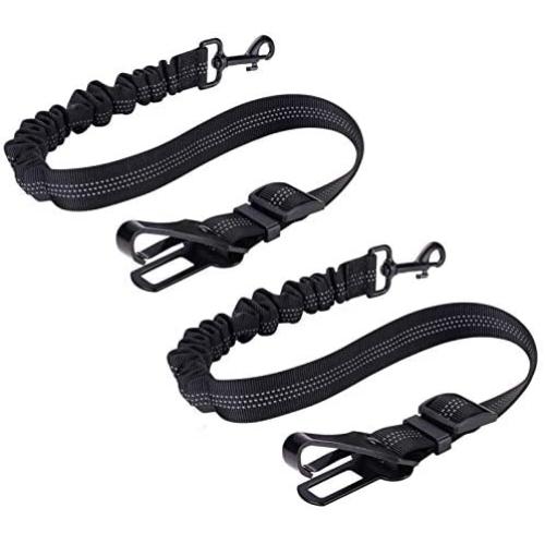 Dog Seat Belt, Upgrade 2 in 1 Latch Bar Attachment Dog Car Seatbelt Metal Buckle Elastic Buffered Reflective Nylon Belt Tether 2 Pack Pet Safety Seat-Belt Cat Dog Universal Vehicle Seatbelt (Black)