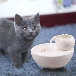 THMY Ceramic Cat Drinking Water Fountain,1.3 Liters Pet Water Fountains for Cats and Dogs,Electric Pet Water Dispenser with Quiet Pump and 5 Replacement Filters - White Lotus Style